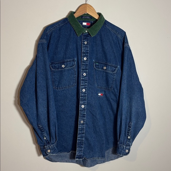 VTG Tommy Hilfiger Denim Corduroy Collar Flip Cuff Shirt XL - Picture 2 of 5